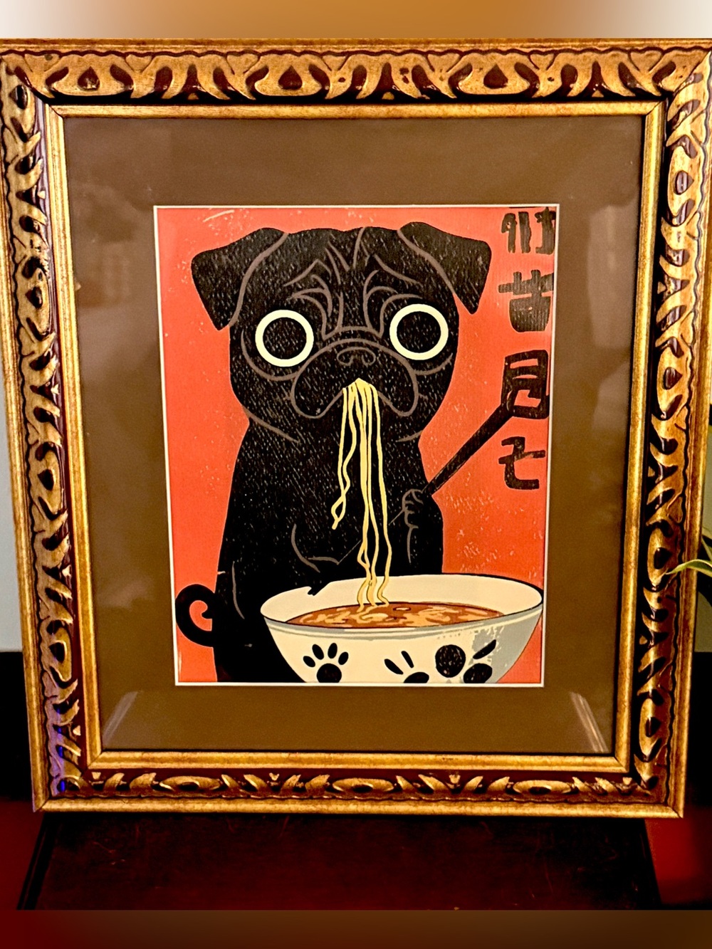 Hungry Pug Eating Ramen Japanese Retro Style Canvas Art Print Vtg Frame Dog Art - Picture 2 of 9